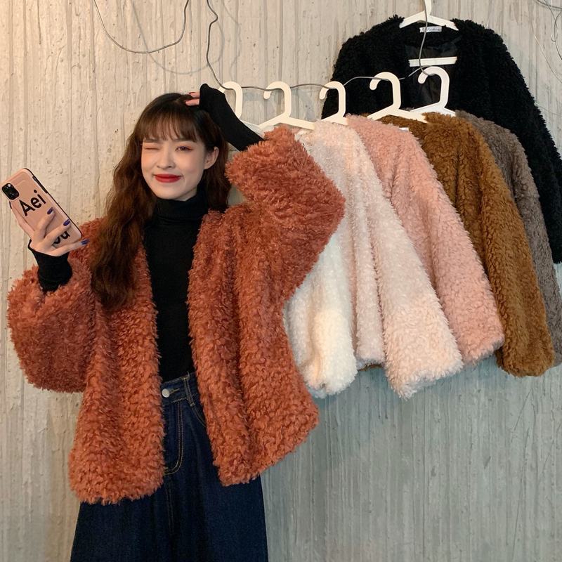 Real price real shooting autumn and winter loose lamb wool cardigan warm coat + high collar versatile bottomed shirt