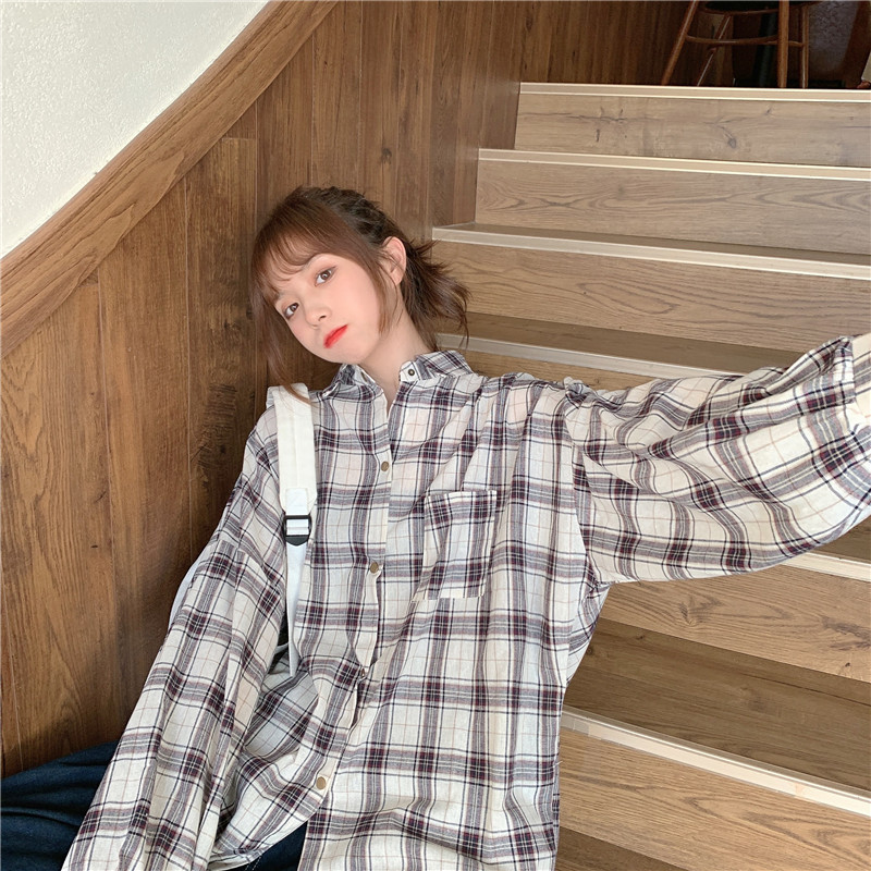 Real shooting medium and long Plaid Shirt women's Retro Hong Kong Style foreign style net red shirt coat