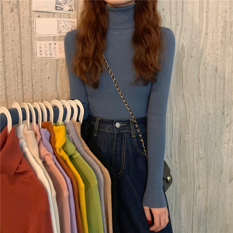 Real price real shot solid color slim fit long sleeve round neck bottomed sweater women's blouse high collar lapel