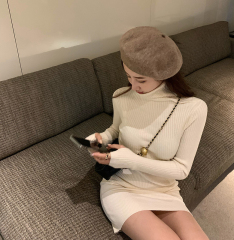 Real shot high neck tight knit dress women's autumn winter black bottomed mid length fur skirt