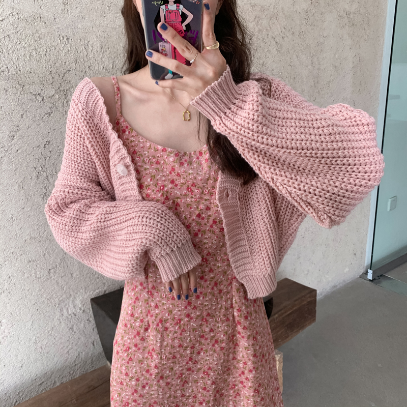 Real price real shot 2021 women's loose knit cardigan sweater women + floral suspender dress skirt two-piece set
