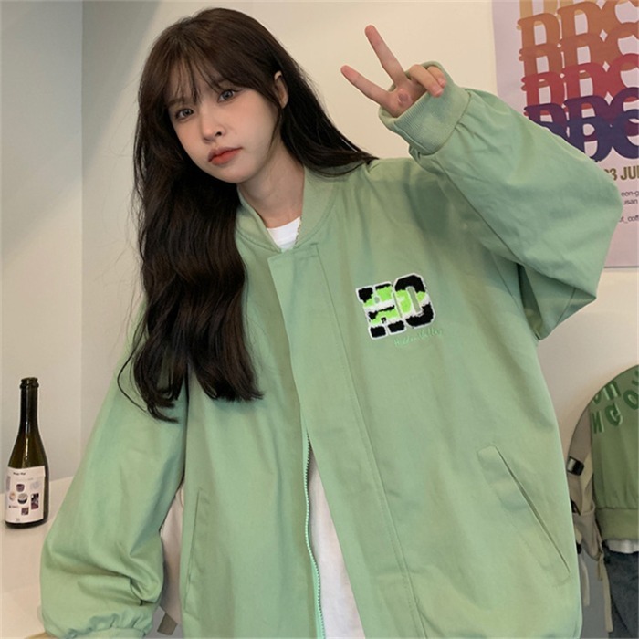 Real shot autumn and winter Korean version of versatile retro Baseball Jacket Women's letter thin jacket with inner lining