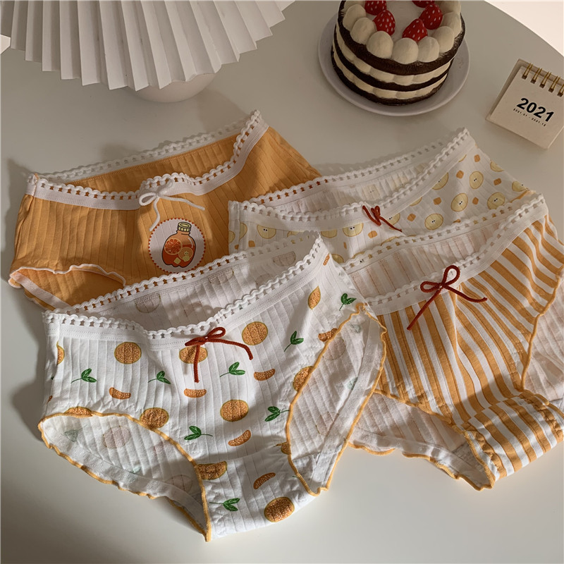 Real price Korean version sweet girl yellow lemon slice lovely bow pure cotton medium waist triangle underwear 4