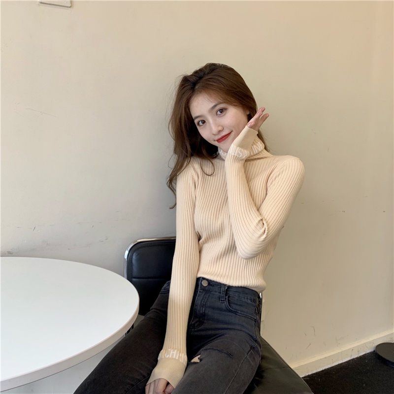 Real photo, real price, autumn and winter, new letter embroidery design, high collar knitted bottomer top