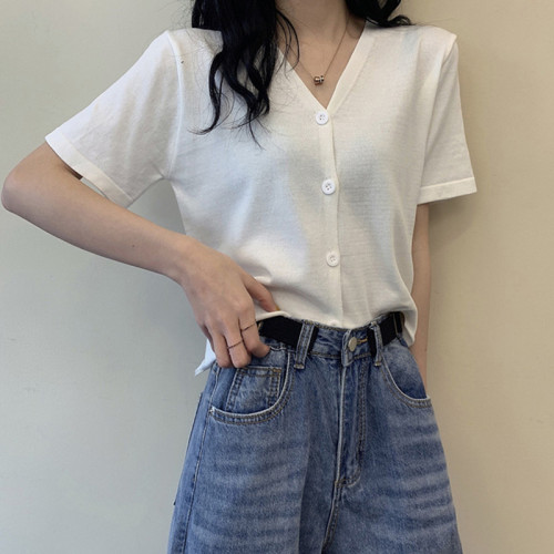 Official figure summer Korean version V-neck short sweater top women 2021 slim fit thin short sleeved cardigan coat