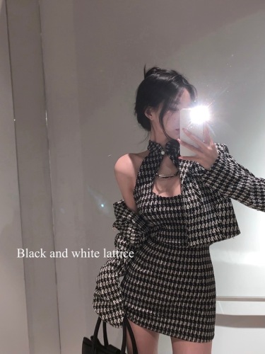 Real price heavy industry thousand bird lattice short coat + hanging neck and buttock dress