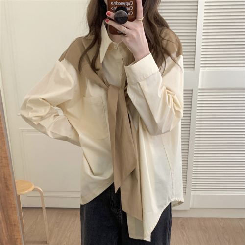 Real price! Autumn retro loose Korean fake two-piece shirt design long sleeve shawl shirt