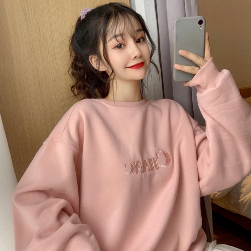 Real shot Plush sweater female round neck embroidery letter