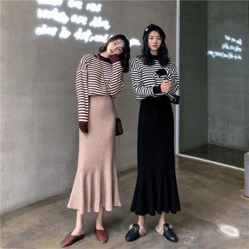 Composition Real Price Jacket Knitted Loose Stripe Bottom Sweater + Medium and Long Hip-wrapped Skirt Fishtail Skirt