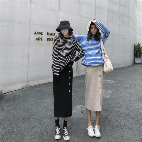 Korean version of chic button split knitted pencil skirt for women
