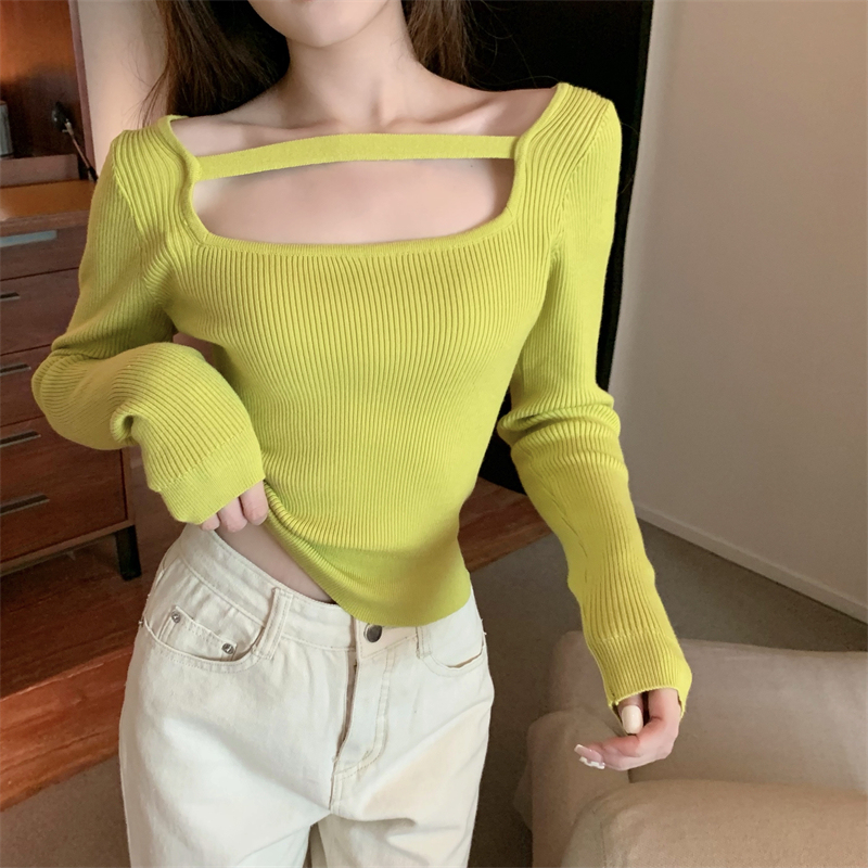 Real shooting and real price autumn new Korean style temperament hollow square neck knitting versatile long sleeve bottomed sweater