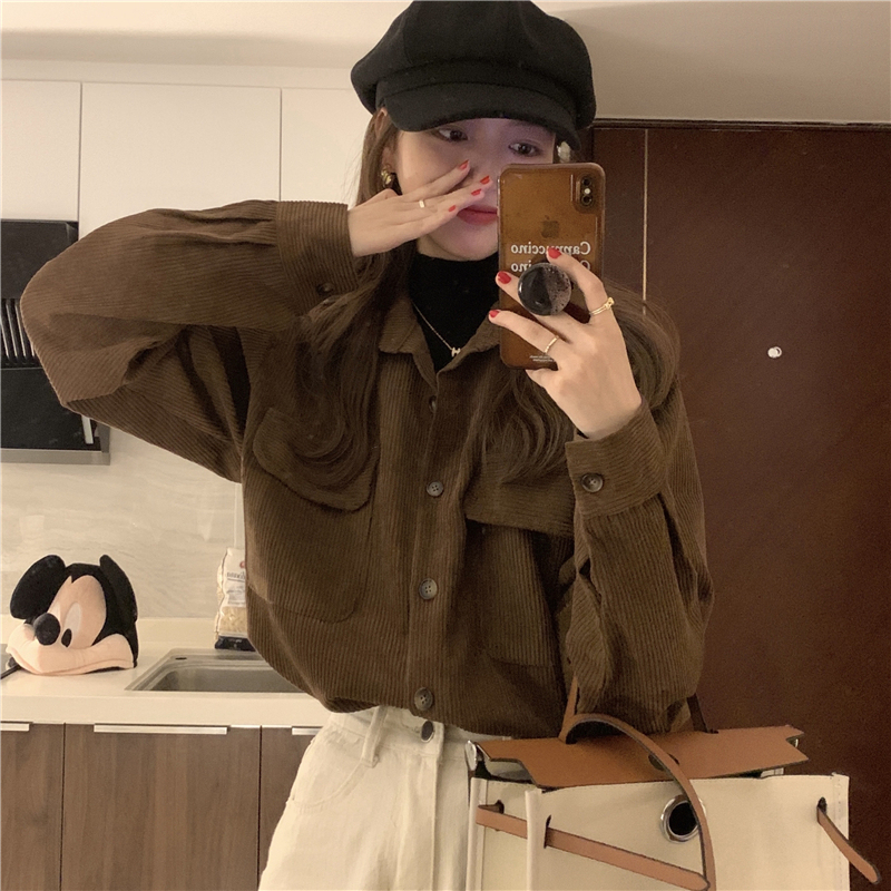 Real price! Fall and winter versatile folding long sleeved shirt vintage loose medium length corduroy jacket