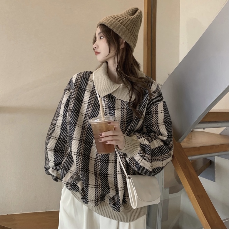 Real shot real price Korean collar Plaid loose Pullover antique thickened woolen long sleeved sweater