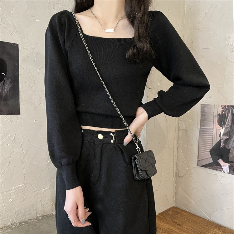 Real price real shot knitwear bottomed shirt women's French square neck slim fit short top with high waist pants, foreign style