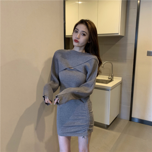 Real price autumn and winter new pleated sling bottoming dress + irregular sweater Cape Cape two piece set