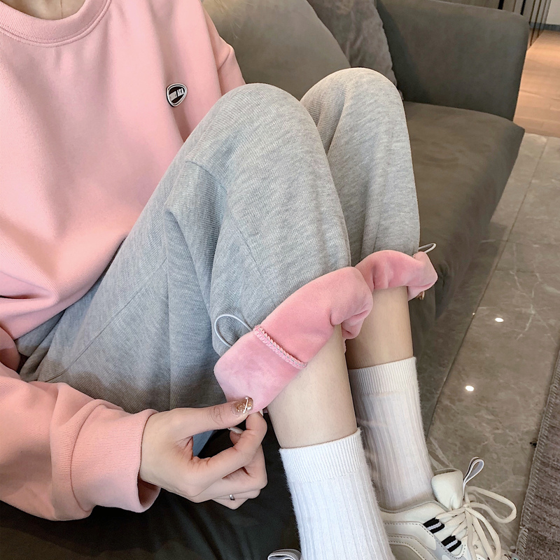 Real price elastic waist girls' powder and velvet inner binding adjustable casual sports pants