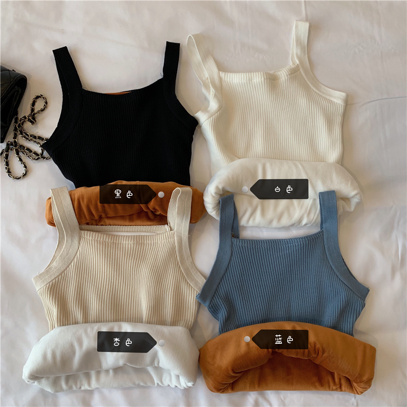 Real photo real price double layer Plush knitted suspender vest for women with sleeveless elastic bottoming top