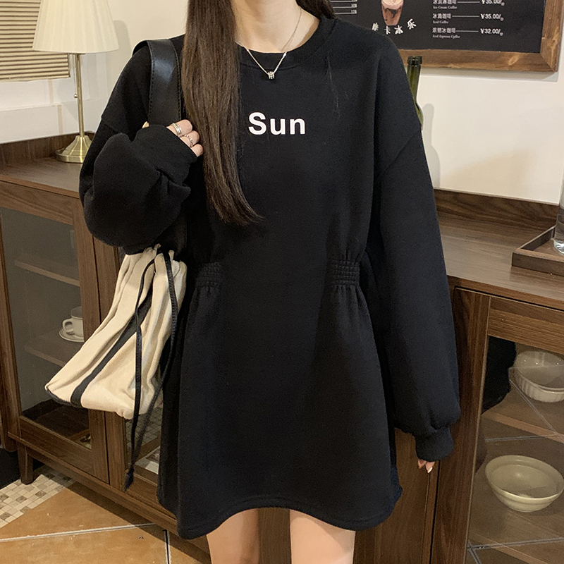 Real shot Plush autumn Korean long sleeve loose waist lace up versatile dress autumn and winter