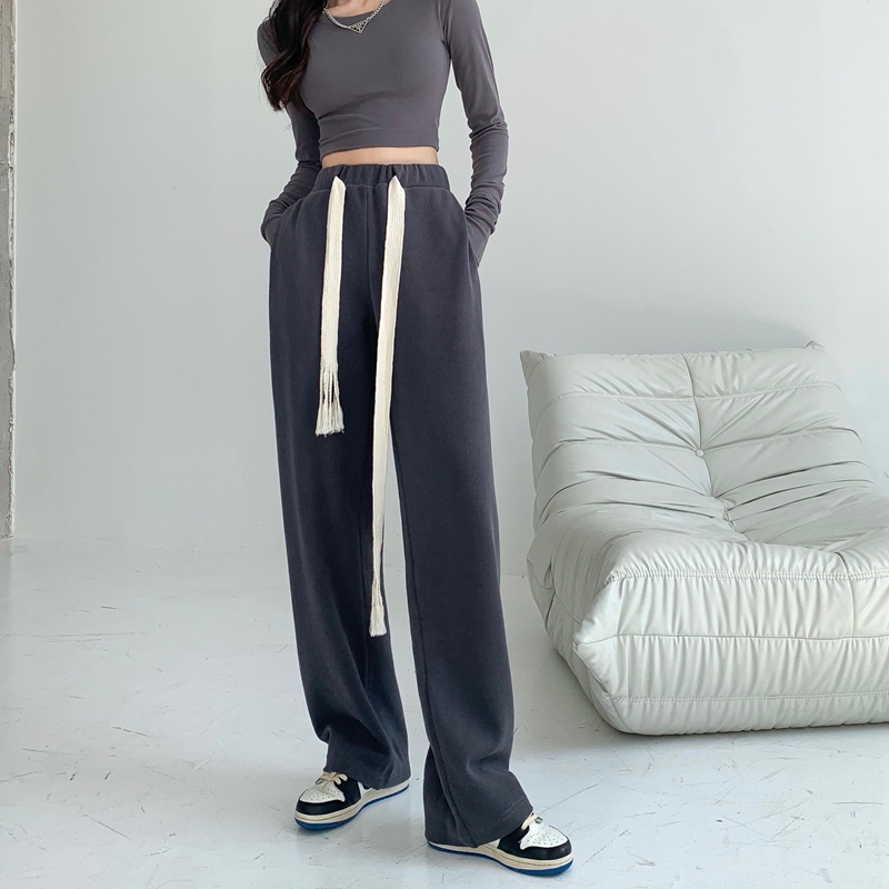 Real shooting lazy wind loose walking pants autumn and winter woven drawstring vertical straight sweatpants ins regular / Plush
