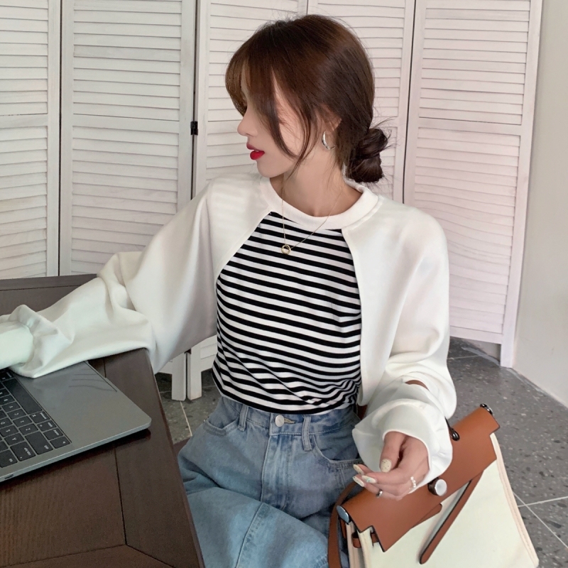 Real price thin sweater women's round neck fake two stripes
