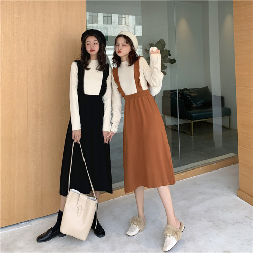 Real photo real price knitting suspender dress fake two piece color matching long sleeve thin medium long skirt