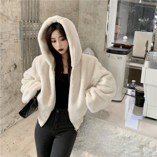 Real price! Autumn and winter new short Hoodie women's fluffy comfortable zipper sweater trend