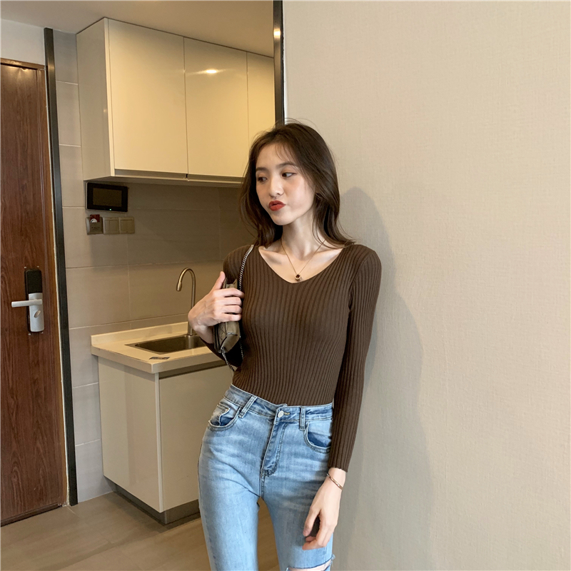 New style V-Neck long sleeve base T-shirt autumn versatile slim Pullover