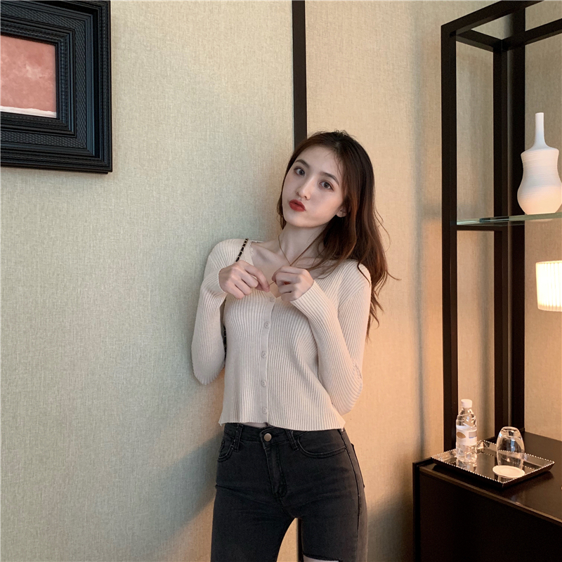 Real shot real price Korean V-neck versatile show thin long sleeve knitted short Cardigan Jacket Women