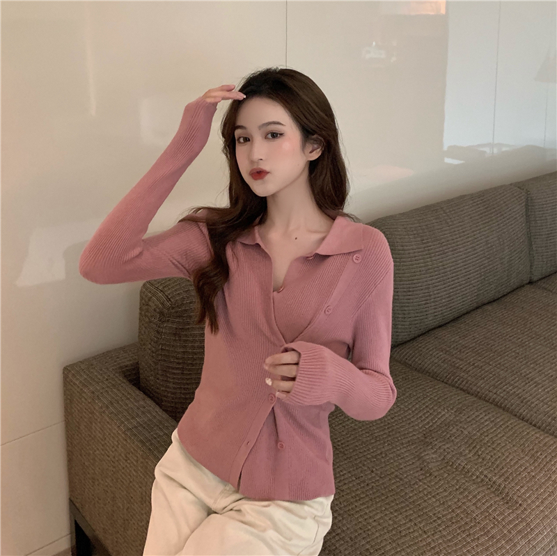 Real price early autumn lazy design sense of minority loose Lapel solid color long sleeve knitted cardigan women
