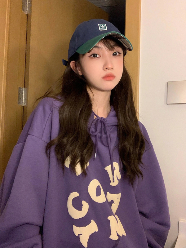 Composite velvet foam letter sweater Korean loose lazy Hooded Jacket
