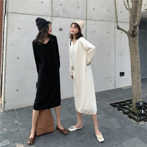 Real price long sleeve knitted dress V-neck loose and thin lazy skirt long sleeve commuter knitting