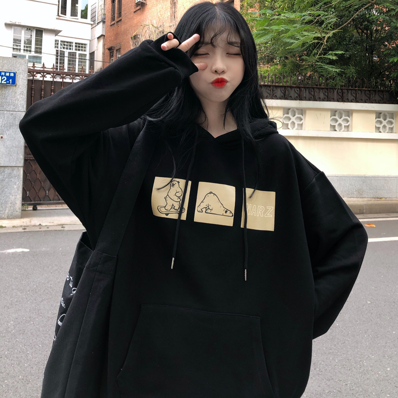 Actual picture: sweater women's hooded printed cartoon loose autumn and winter Plush thickened