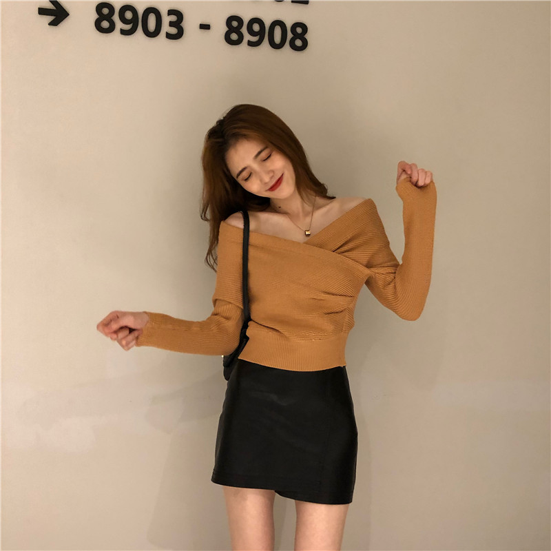 Real photo, real price, Korean style, solid color, slim fit, cross neck sweater, knitwear, girl