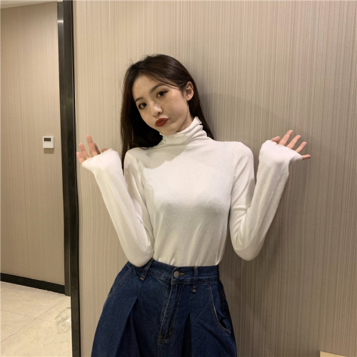 Real shot real price autumn and winter new style slim pile collar wood ear long sleeve T-shirt with curled hem