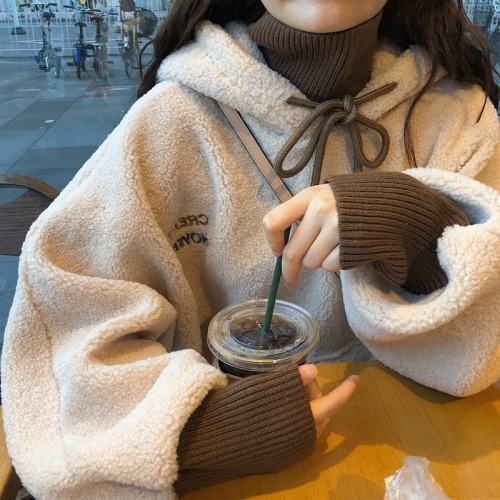 Cashmere thickened lamb wool Pullover loose hooded fake two piece wool high collar sweater coat