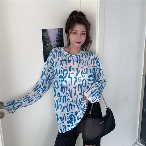 Official website summer retro leopard letter careful machine loose breathable sunscreen long sleeve t-shirt female