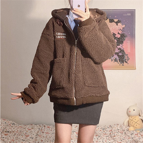 ~Warm cotton Clip ~ girl lovely embroidered letter lamb hair Hooded Coat cotton coat Korean winter