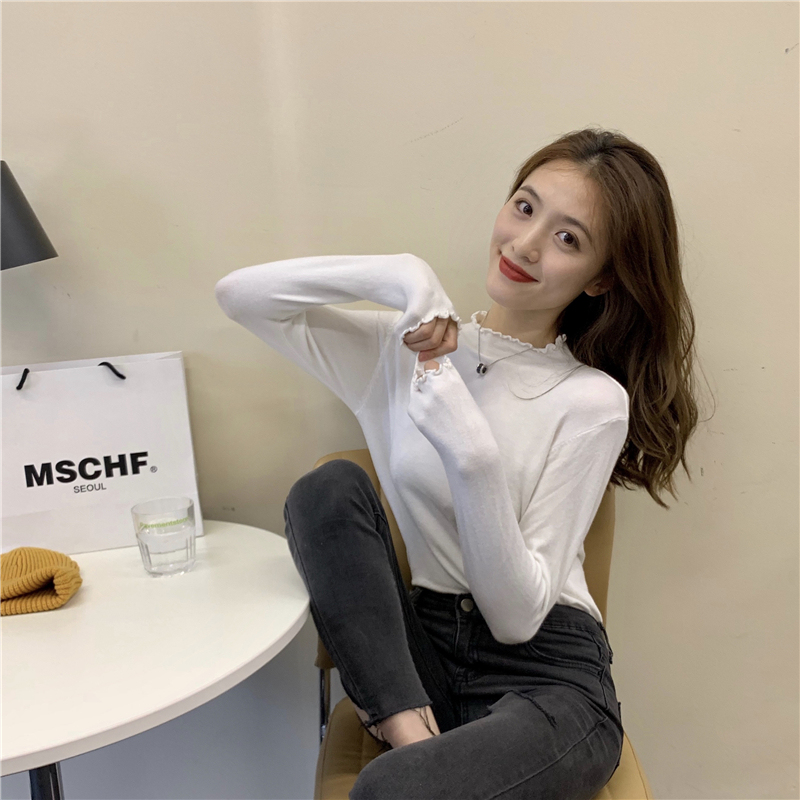 Real photo, real price, autumn and winter basic style, all kinds of solid color, wood ear edge, small high collar, knitting bottoming shirt
