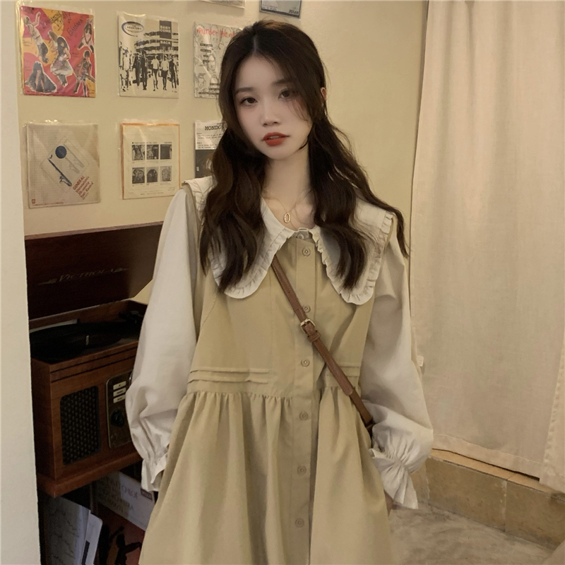 Real shooting real price autumn and winter French doll collar shirt loose aging medium and long vest dress set