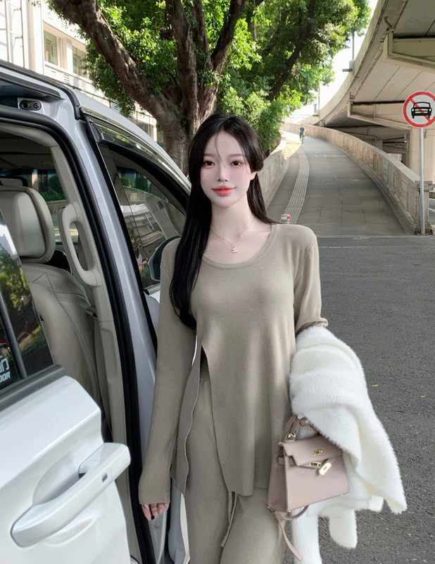 Real price real shot loose knit bottomed top set new leisure fashion wide leg trousers two-piece set