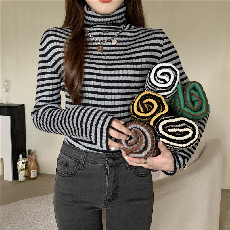 Real price high collar sweater women's autumn and winter color contrast pile collar sweater long sleeve versatile stripe bottomed shirt