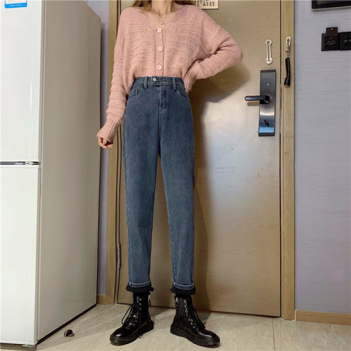Cashmere jeans women's high waist winter 2021 new slim straight tube thickened radish pants women's autumn and winter