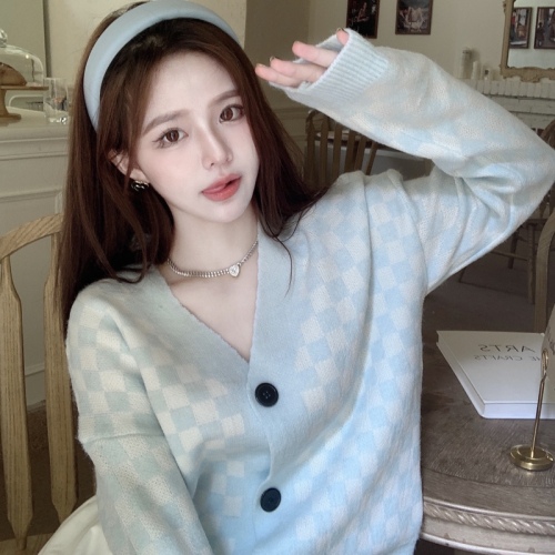 Real shooting Korean ins aging chessboard lattice loose lazy sweater cardigan coat women's thin V-neck knitting