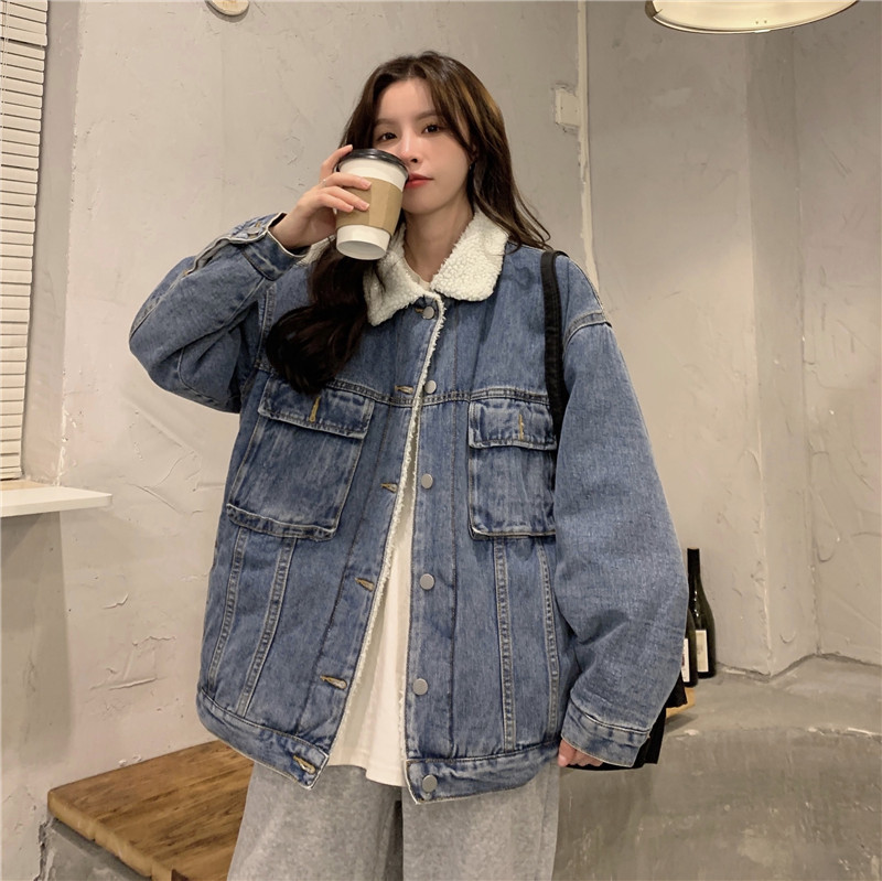 Cashmere real shot real price winter retro thickened lamb wool loose Korean BF style versatile student cowboy coat female