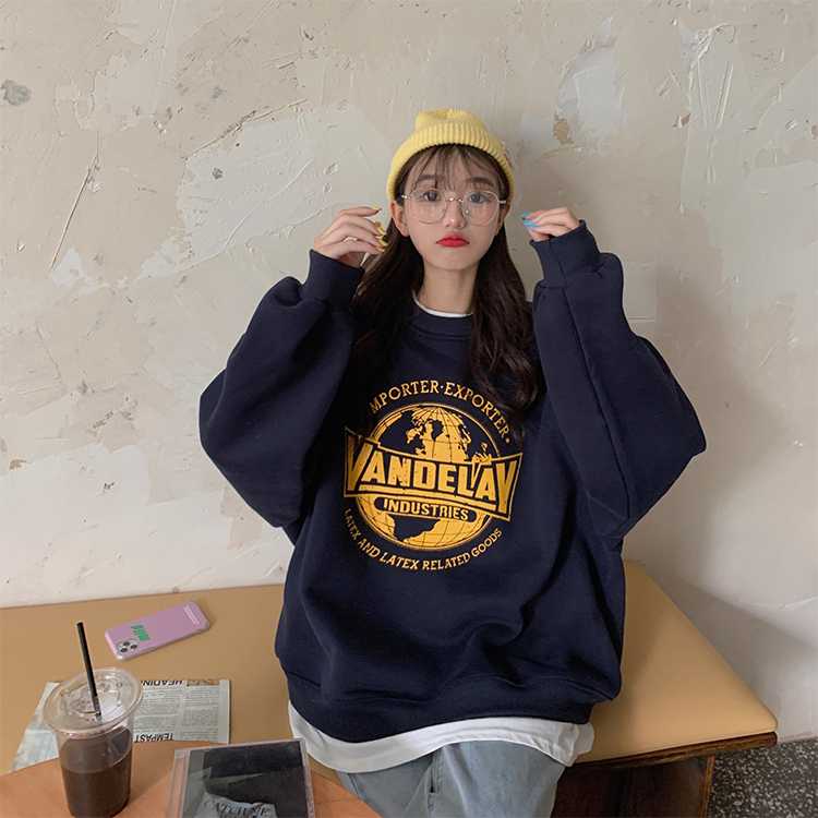 1 real shot real price winter Korean chic simple printing fake two pieces of plush warm sweater