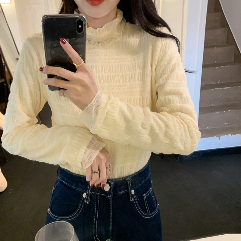 Real price real shooting autumn and winter 2021 new plush half high neck thin bottomed shirt long sleeve lace shirt women's T-shirt
