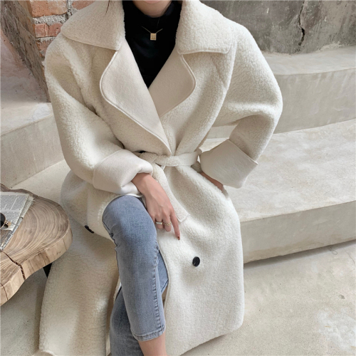 Real price! Autumn and winter ins personalized long coat women's versatile waist closing Lamb Fur thickened coat