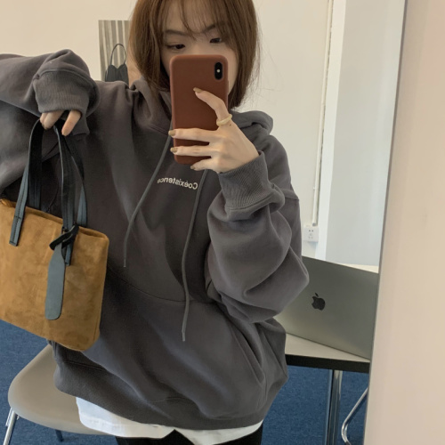 Real price real shot grey Hooded Sweater thickened Korean loose lazy wind oversize coat in autumn and winter