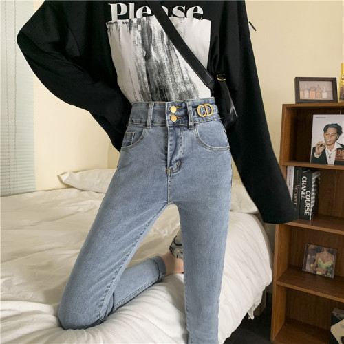 Real shooting tight jeans  new high waist pencil small foot pants show thin straight pants women's autumn and winter trend