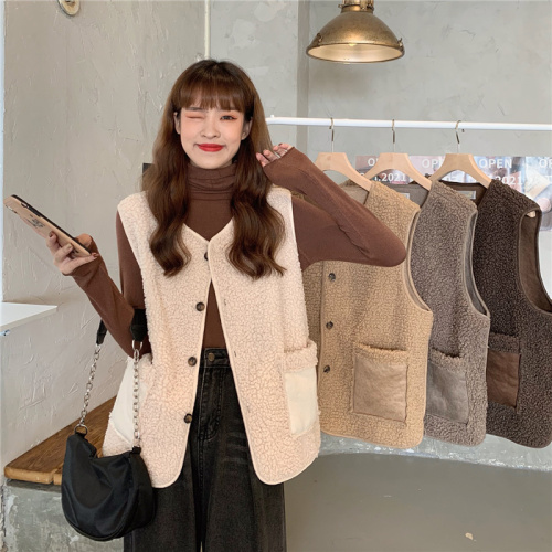 Real shooting real price autumn and winter Korean version of foreign style loose lamb wool vest + high neck versatile warm knitted bottom shirt